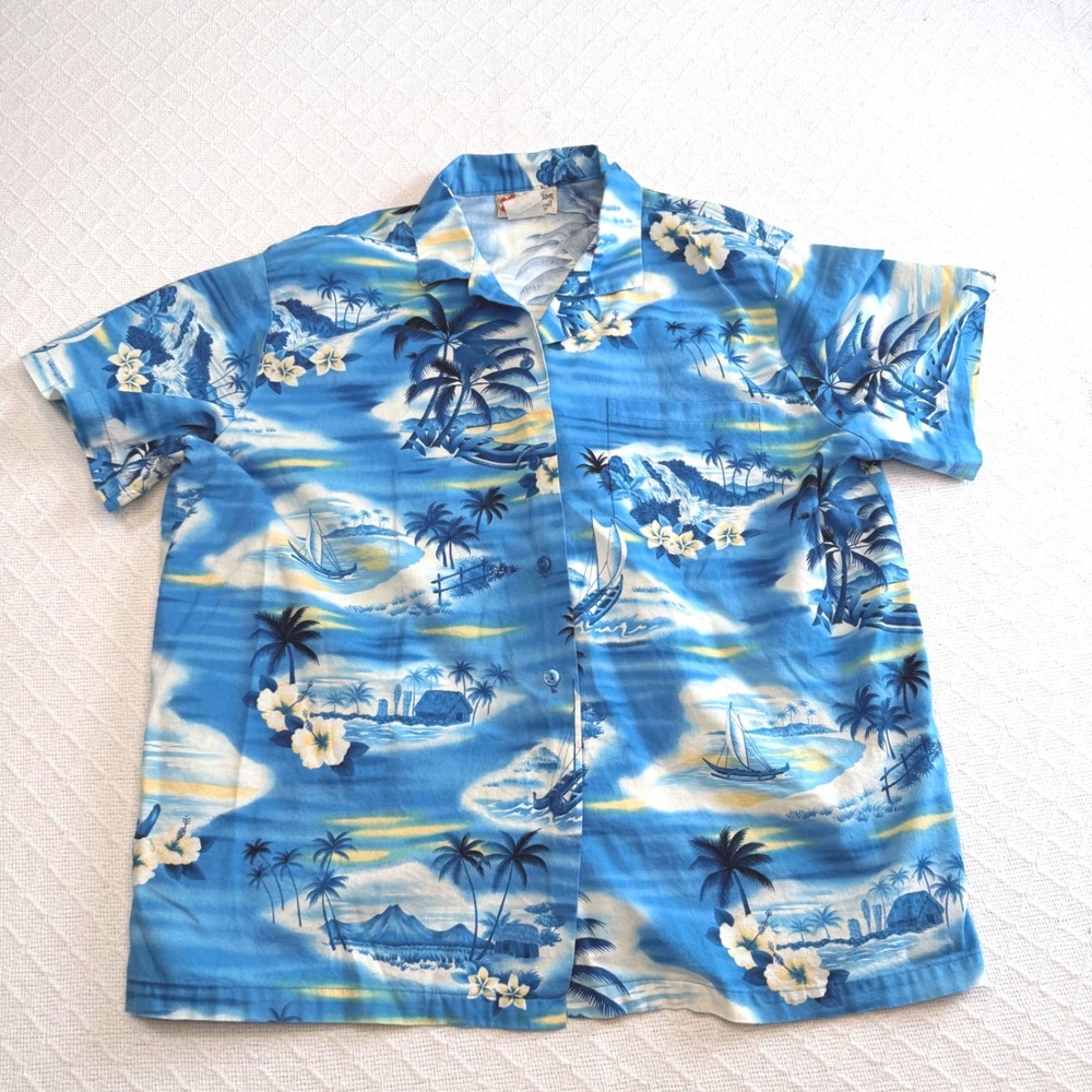 VTG Hilo Hattie Hawaiian Original Blue Tropical Palm Sailboat Aloha Shirt Large